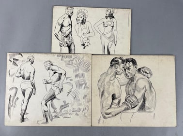 Group of Vintage Drawings on Cardboard