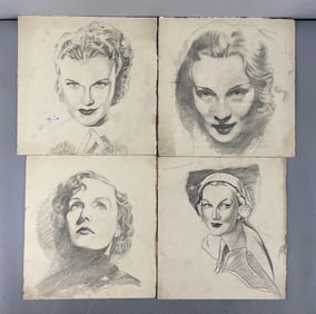 Group of Vintage Female Pencil Drawings on Cardboard