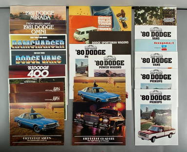 Group of Dodge Dealership Advertising Brochures: Includes 1980 Pickups, 1977 charger, 1983 Charger and more, largest measures 12 x 10 inches