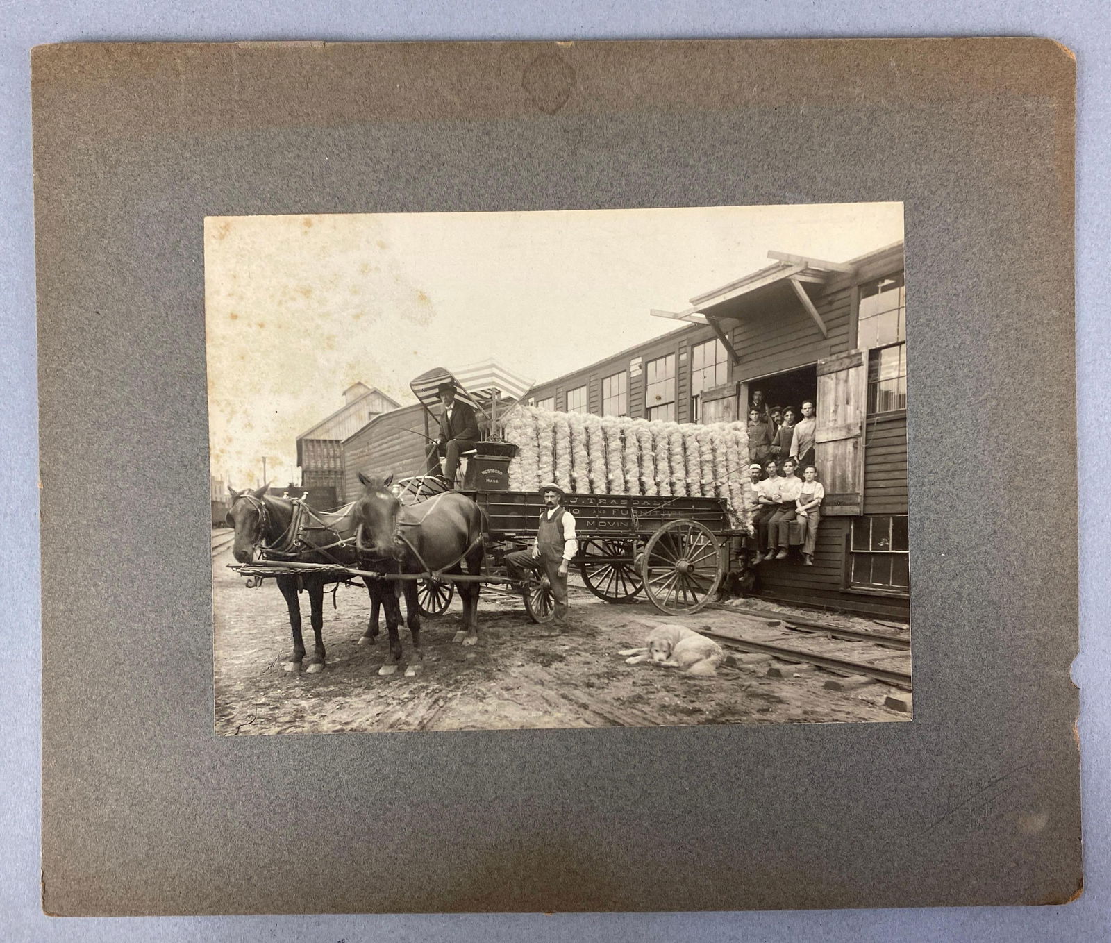 Antique Westboro Massachusetts Textile Transportation Cabinet Card: Measures 12 x 10 inches