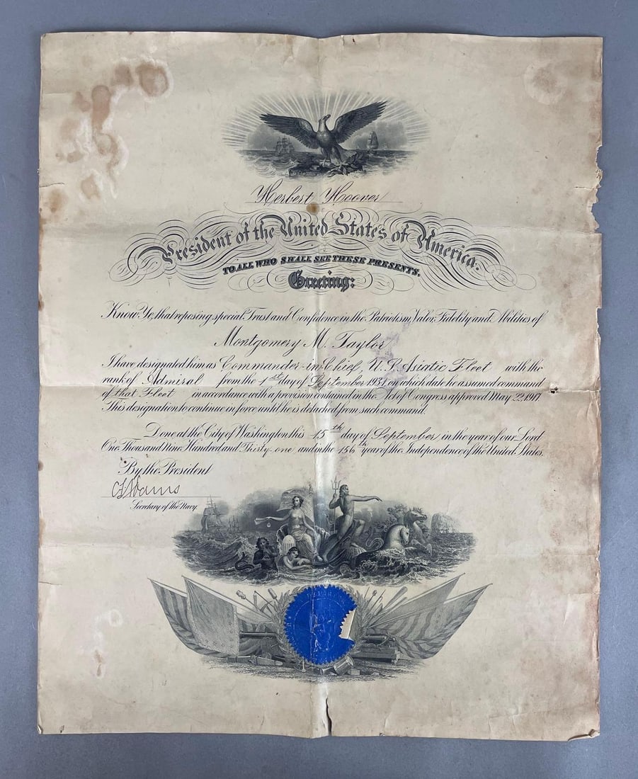 1931 Herbert Hoover Navy Promotion of Montgomery M. Taylor Document (1 of 3)