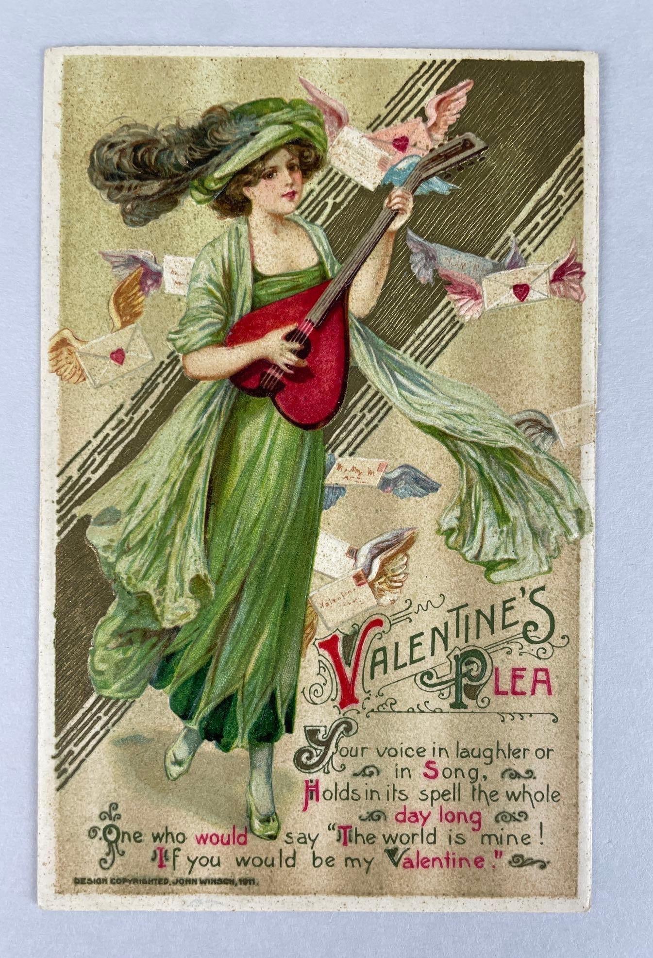 Winsch Valentines Day Plea Postcard: Schmicker, embossed, lady with heart guitar