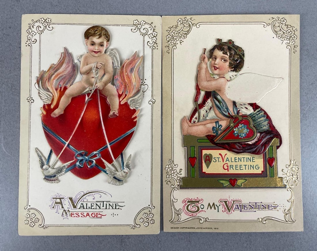 Postcards - 2 Winsch Projection Valentine: Cherubs, hearts, greetings