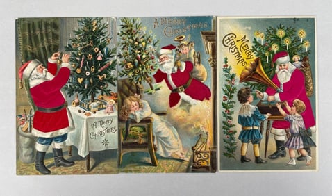 Postcards - 3 Silk Santa Christmas