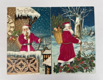 Postcards - 2 Silk Santa Christmas