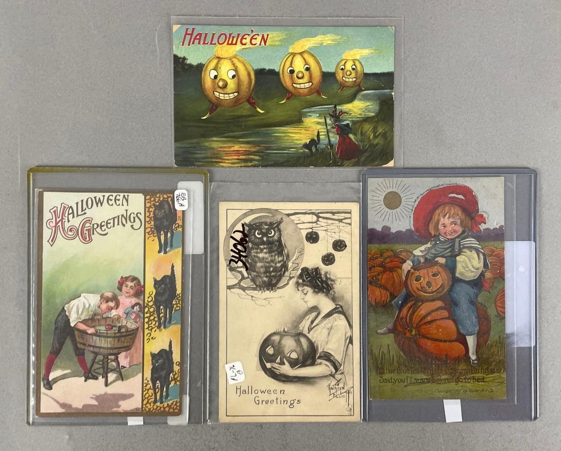 Postcards - 4 Halloween: Different publishers, includes jack o lanterns, witch owl, greetings
