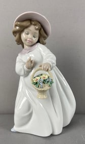 Lladro Happiness Girl with Flower Basket Porcelain Statue
