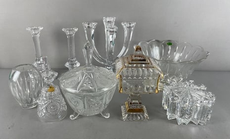 Group of Cut Crystal Candlesticks and Dishes