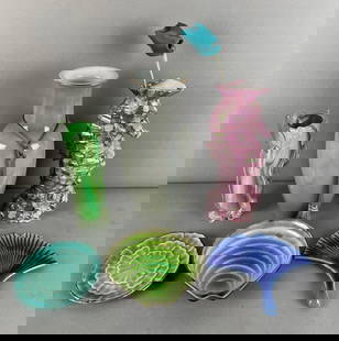 Group of Pottery Vases and Dishes: Includes art glass, porcelain seahorse, largest measures 10 1/2 x 4 3/4 inches