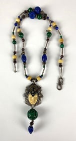 Carved Face Pendant and Bead .925 Sterling Silver Necklace