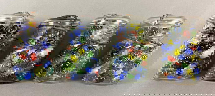Group of Assorted Marbles: Includes 4 Ball Jars. Largest jar measures 5 x 3 x 3 inches.