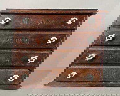 Vintage Martins Sewing Machine Needles Advertising Cabinet: 4 drawers, glass top, veneer missing on side back, measures 12 3/4 x 16 x 13 1/2 inches