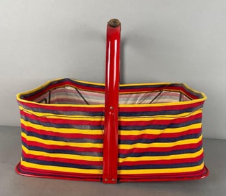 Vintage Folding Cloth and Metal Picnic Basket