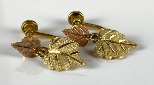 Pair of 12K Black Hills Gold Leaf Drop Earrings with 1/20 12K Gold-Filled Backs