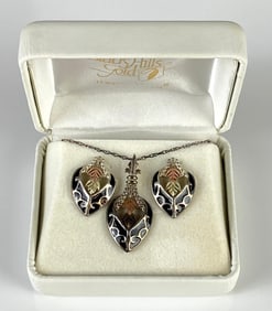 12K Black Hills Gold and Sterling Silver Enameled Necklace and Stud Earrings Set