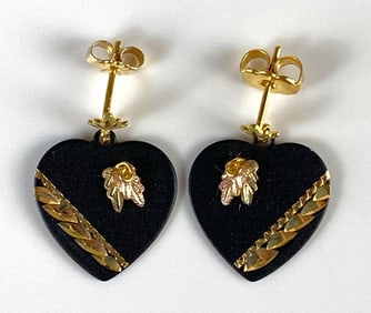 Pair of 10K Gold Trim Black Hills Gold Heart Earrings