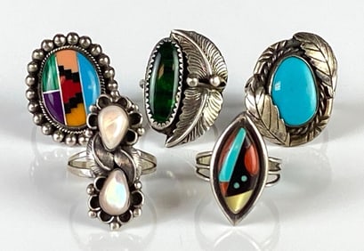 Group of 5 Sterling Silver Native American Rings