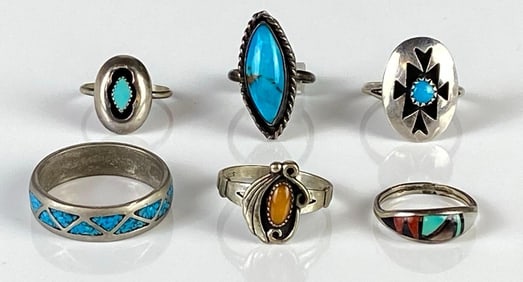 Group of 6 Sterling Silver Native American Rings