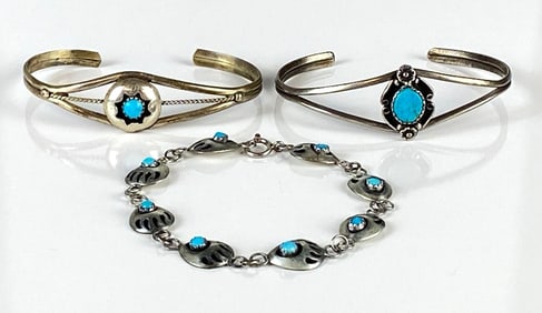 Group of 3 Sterling Silver and Turquoise Native American Bracelets