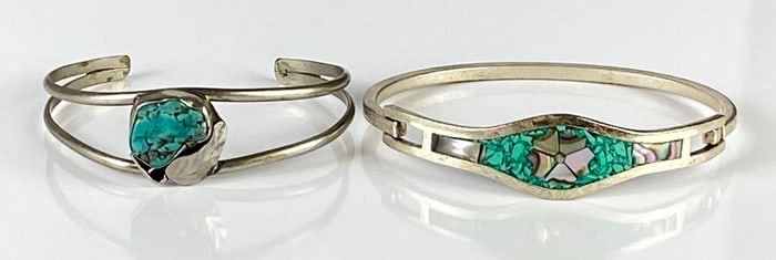 Group of 2 Sterling Silver Turquoise Native American Bangle and Cuff Bracelets