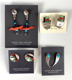 Group of 4 Sterling Silver Native American Style Pairs of Earrings