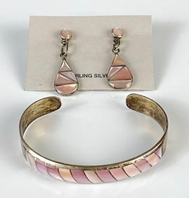 Sterling Silver Pink Mother of Pearl Cuff Bracelet and Earrings Set