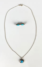Sterling Silver Turquoise Feather Pendant Necklace and Earring Set