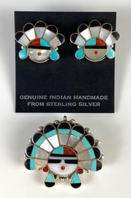 Zuni Sun Face Sterling Silver Earrings and Pendant/Pin Set