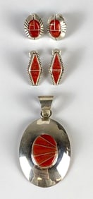 Sterling Silver Coral Inlay Native American Earrings and Necklace Pendant