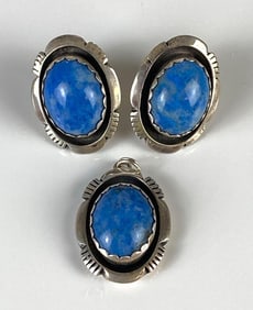 Signed Sterling Silver Lapis Earrings and Necklace Pendant Set