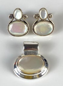 Sterling Silver Mother of Pearl Earrings and Necklace Pendant Set
