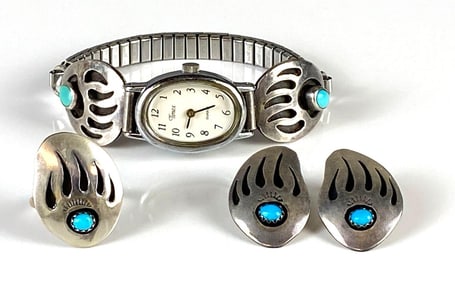 Sterling Silver Navajo Style Bear Claw Pattern Jewelry Set