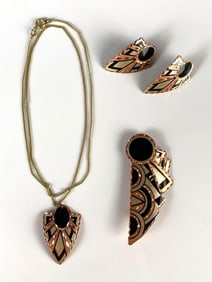 Native American Style Copper Black and White Enamel Jewelry Set