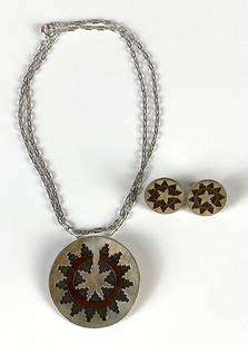 Sterling Silver Native American Navajo Necklace Pendant and Earrings Set: Costume necklace with sterling silver pendant, Necklace measures 22 inches long.
