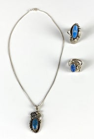 Native American Sterling Silver Lapis Necklace and Rings Set