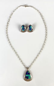 Sterling Silver Native American Signed Teme Necklace and Earrings Set