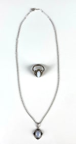 Sterling Silver Blue Lace Agate Necklace and Ring Set