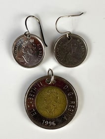 Canadian Currency Necklace Pendant and Earrings Set