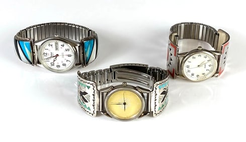 Group of 3 Signed Sterling Silver Native American Style Wristwatches