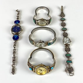 Group of 5 Sterling Silver Native American Style Womens Watches