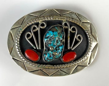 Mexican Sterling Silver Turquoise and Coral Belt Buckle