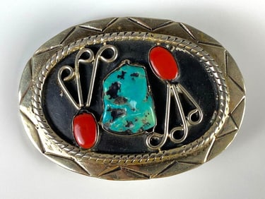 Mexican Sterling Silver Turquoise and Coral Belt Buckle