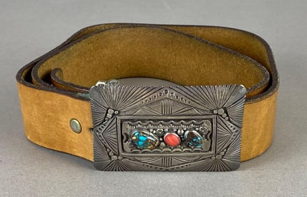 Sterling Silver Turquoise and Coral Native American Style Belt Buckle