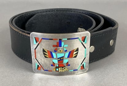 Sterling Silver Natachu Native American Zuni Inlay Belt Buckle