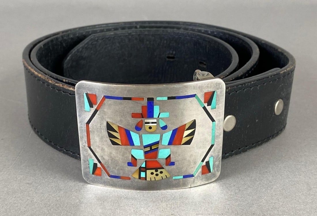 Sterling Silver Natachu Native American Zuni Inlay Belt Buckle: Belt measures 40 inches long, Size 36/90, Top Grain Cowhide belt, Buckle measures 2 1/2 x 2 inches.