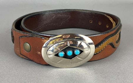 Sterling Silver Turquoise Native American Belt Buckle on Leather Belt