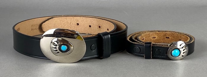 Group of 2 Sterling Silver Native American Bear Claw Belt Buckles with Leather Belts