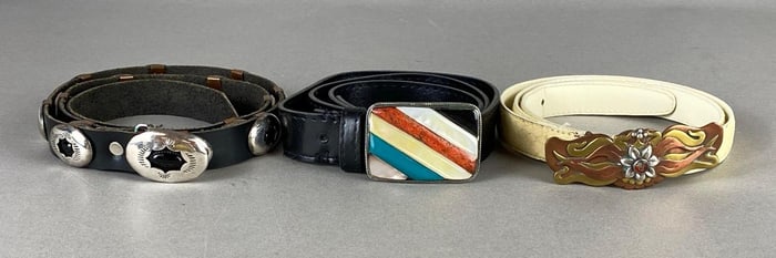 Group of 3 Leather Belts with Sterling Silver and Copper Belt Buckles
