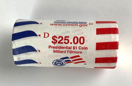 US Mint $25 Millard Fillmore Presidential $1 D Coin Roll