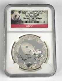 NGC Graded 2012 China Panda 1 oz .999 Silver Medal PF69